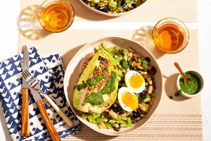 White bean salad with roasted cabbage, chimichurri, and soft-cooked eggs