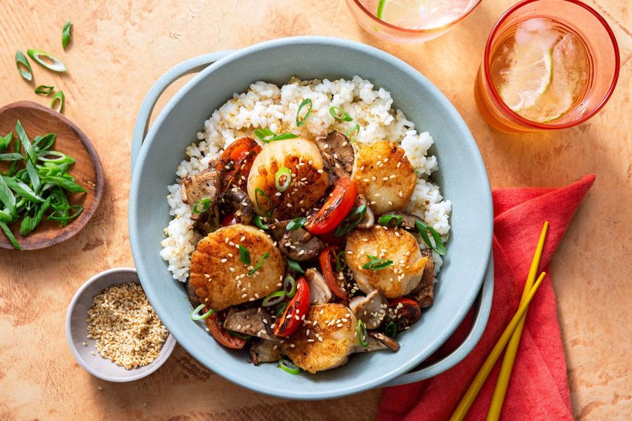 Braised tofu and shiitake stir-fry with black bean sauce over rice