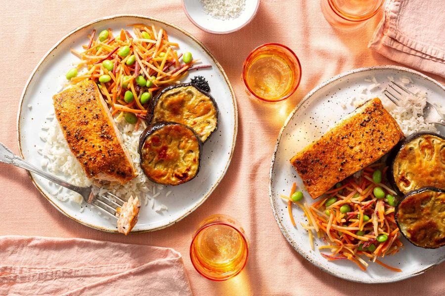 Roasted togarashi salmon with miso-glazed eggplant