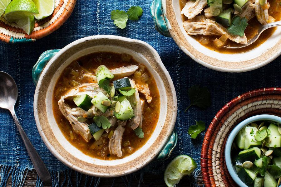 Chicken chile verde with tomatillos and cucumber salad