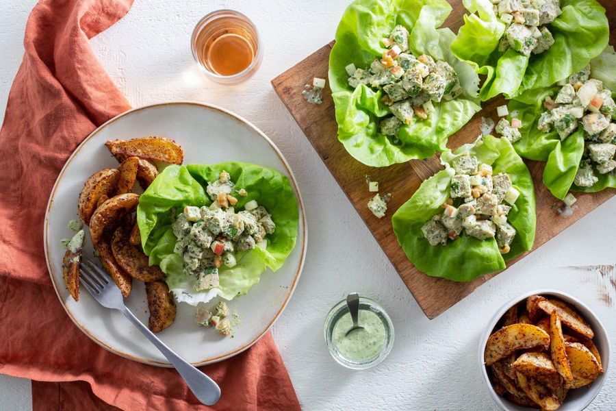 Green Goddess chicken salad lettuce cups with potato wedges