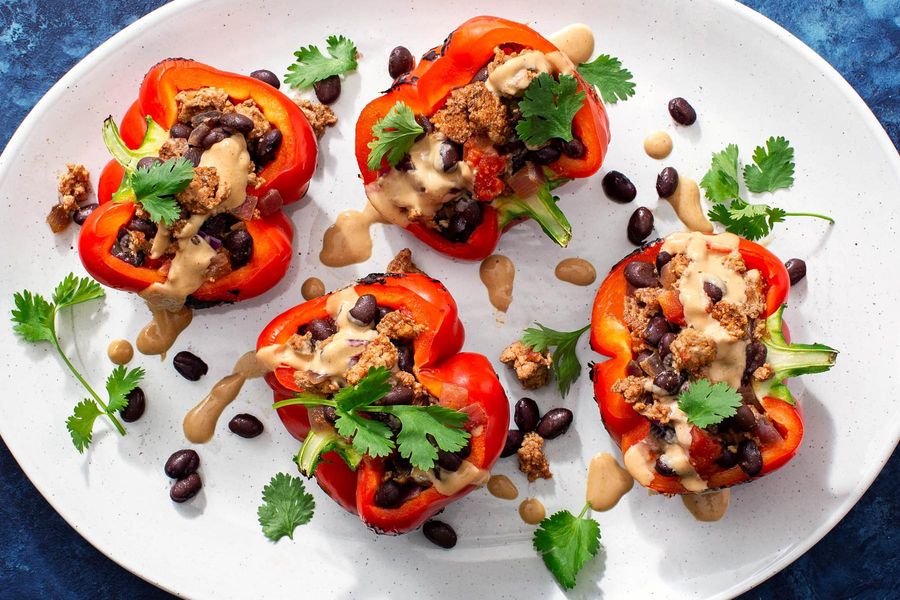 “Chiles rellenos” with turkey, black beans, and vegan cheese