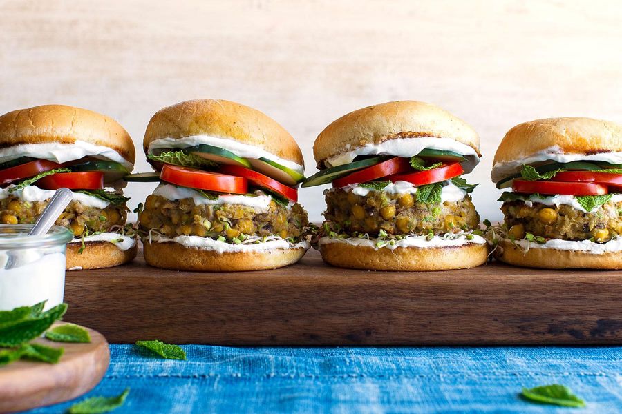 Falafel burgers with cucumber, tomatoes, and mint