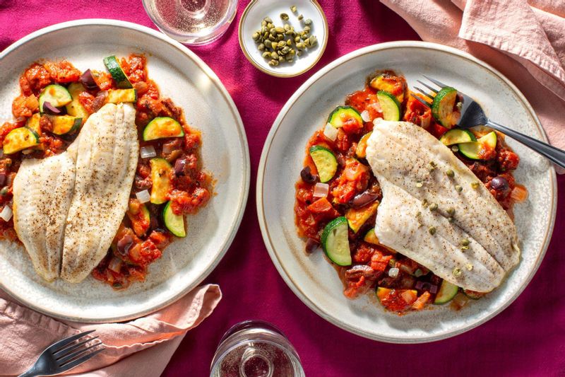 Pan-Cooked Sole with Zucchini and Puttanesca Sauce | Sunbasket