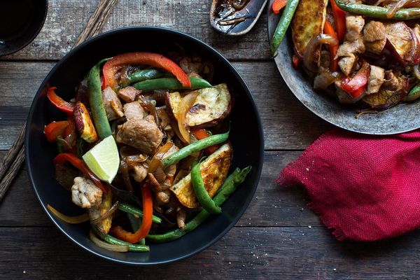 Pork stir-fry with green beans and Japanese sweet potato