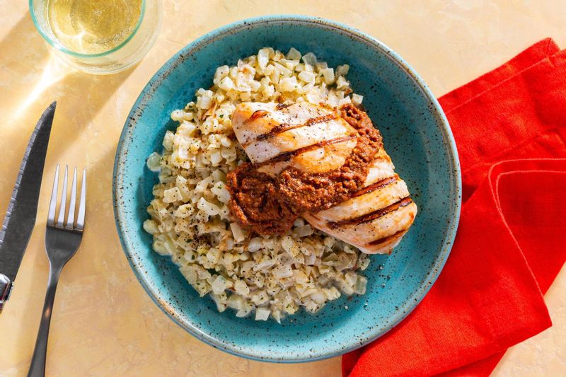 Grilled Chicken With Pesto Rosso and Creamy Cauliflower “Risotto