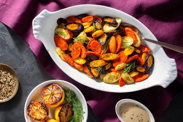 Rosemary-roasted carrots with lemons, honey tahini, and fresh dill