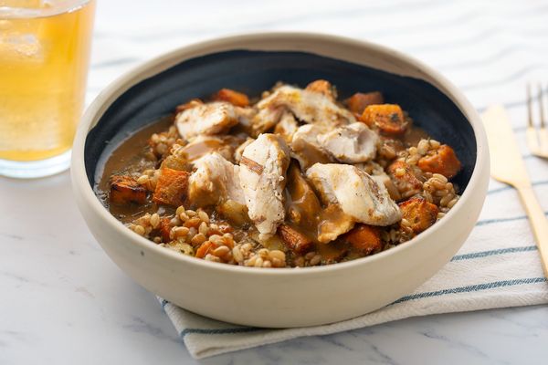 Grilled chicken and roasted root vegetables bowl
