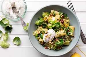 Zesty rigatoni with Brussels sprouts, hazelnuts, and lemon