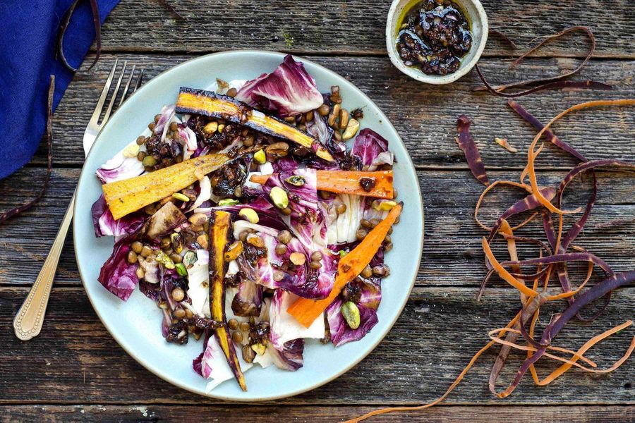 Roasted carrot, lentil and radicchio salad with fig balsamic vinaigrette