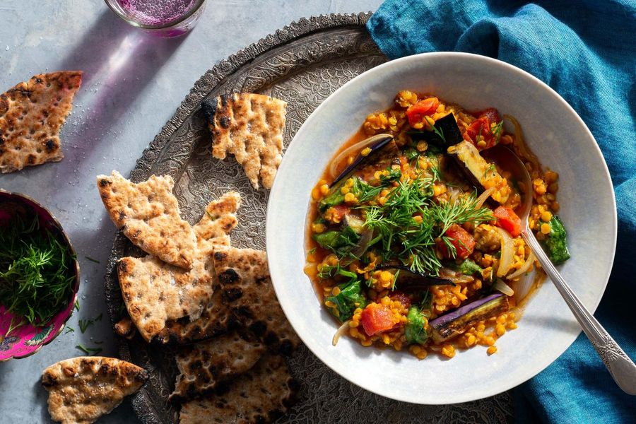 Khoresh bademjan eggplant stew with dill and flatbreads