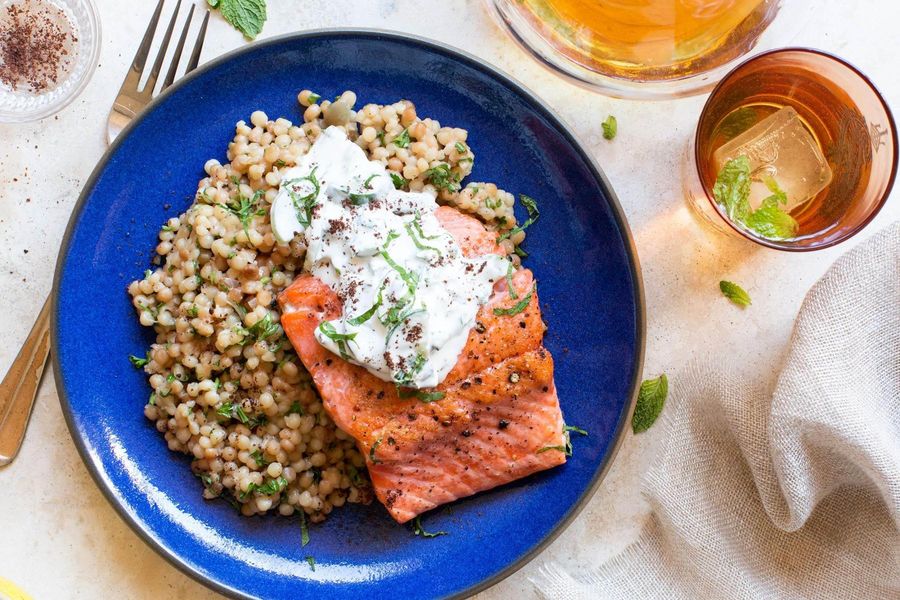 Wild salmon with mint tzatziki and pearl couscous