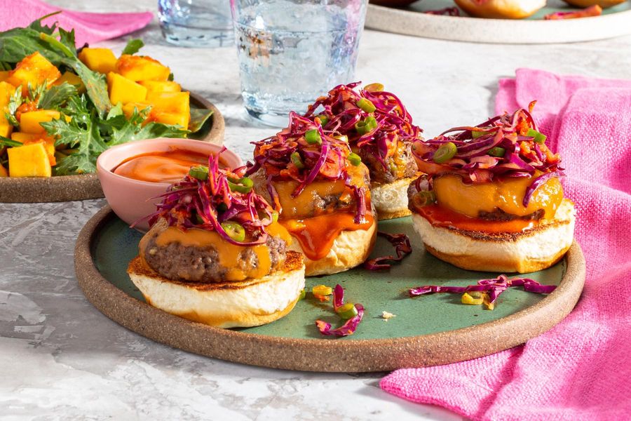 Korean open-face Wagyu sliders with spicy kimchi slaw and mango salad