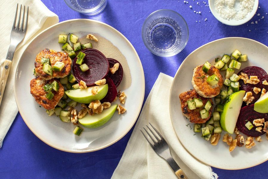Apple patties and your choice of protein with roasted beet salad