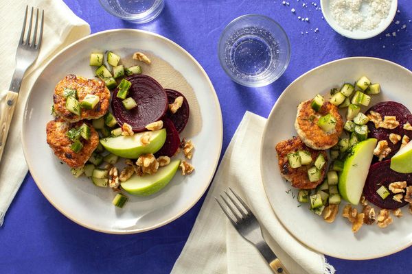 Turkey-apple patties with beet salad and cucumber salsa