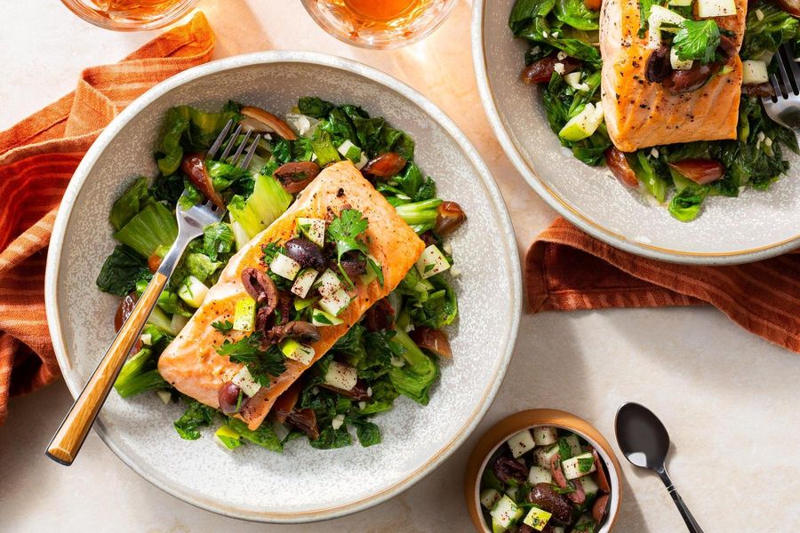 Salmon with escarole, dates, and apple relish