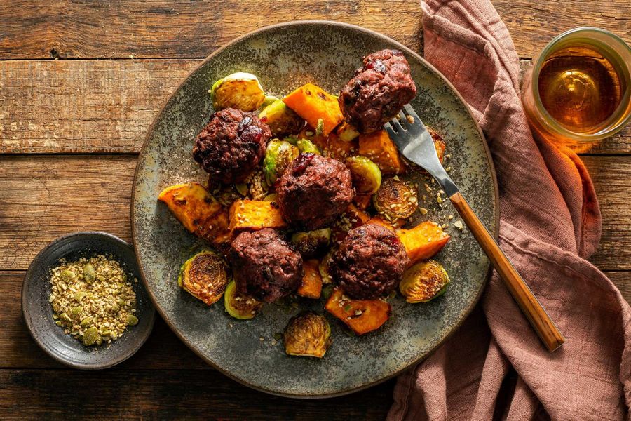 Cranberry-thyme meatballs with Brussels sprouts and sweet potato