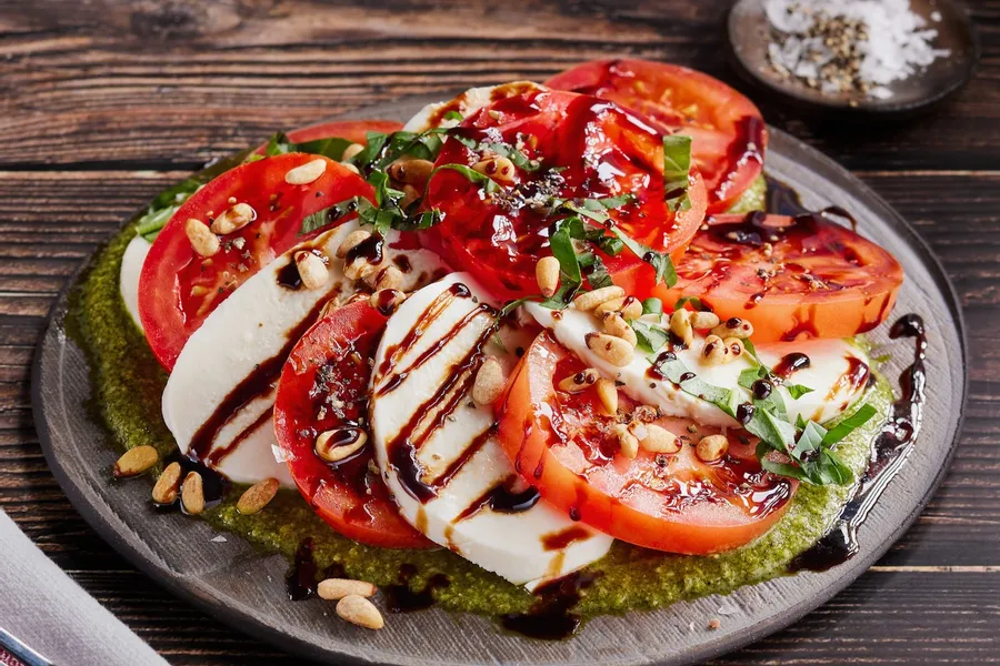 Pesto Caprese Tomato Salad with Fresh Mozzarella & Balsamic Glaze