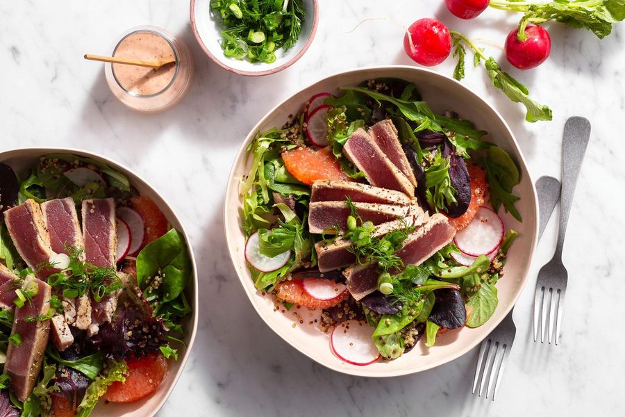 Seared tuna with citrus-quinoa salad and mustard vinaigrette