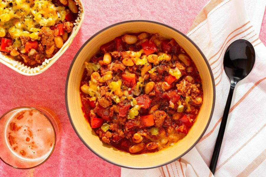 Turkey chili with white beans, cheddar, and green chiles