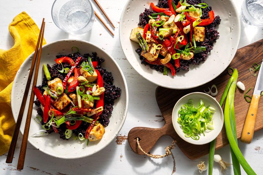 Gong Bao–style stir-fry with cashews and black rice