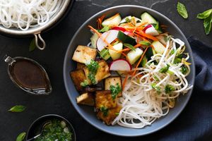 Saigon noodles with braised tofu and cucumber-radish salad