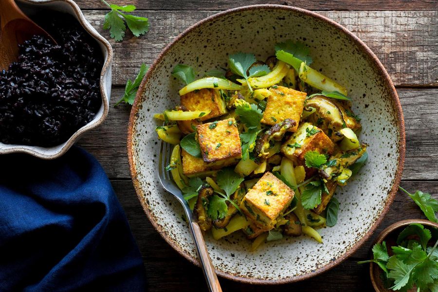 Lemongrass tofu with shiitake mushrooms and coconut black rice