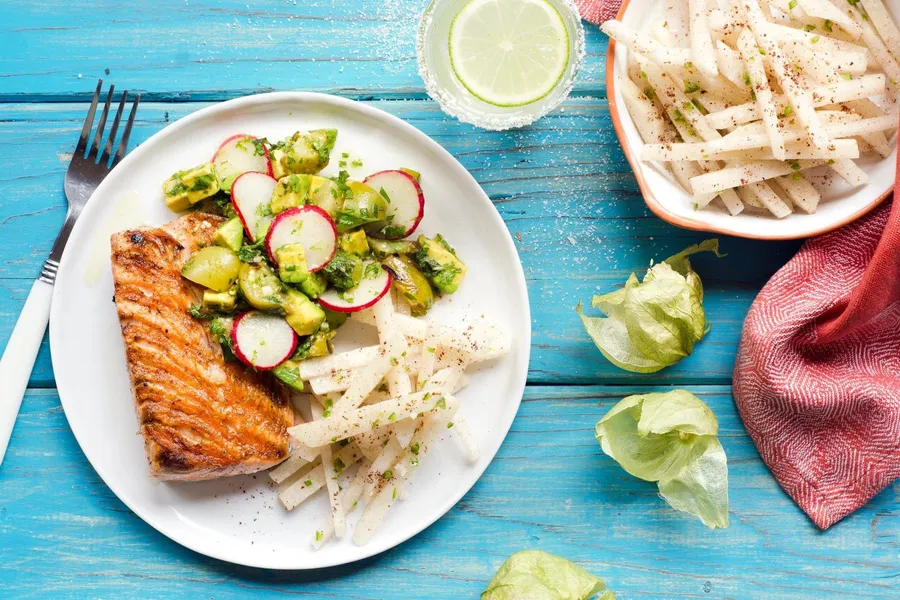 Salmon with tomatillo-avocado salsa and jicama