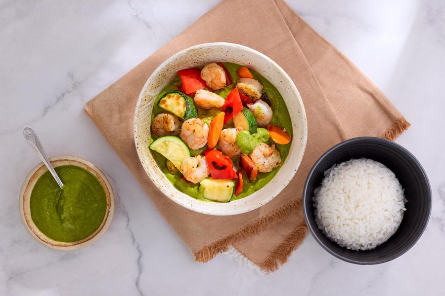 Spicy Thai green curry with jasmine rice, zucchini, and bell pepper