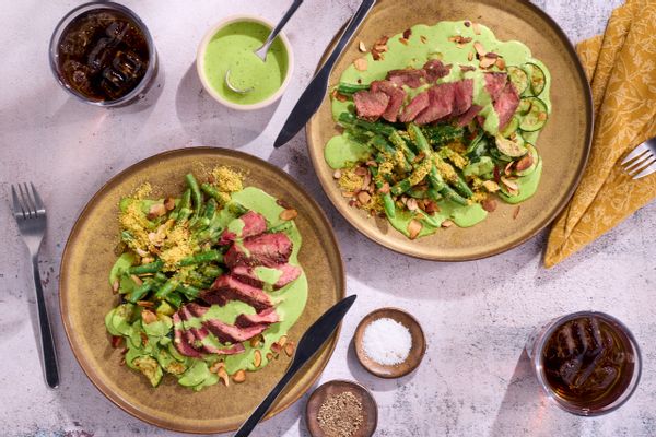 Top sirloin steak with green beans almondine and green goddess dressing