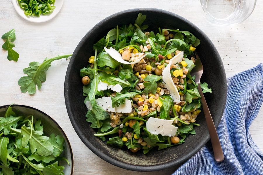Farro and corn salad with spiced chickpeas and toasted hazelnuts