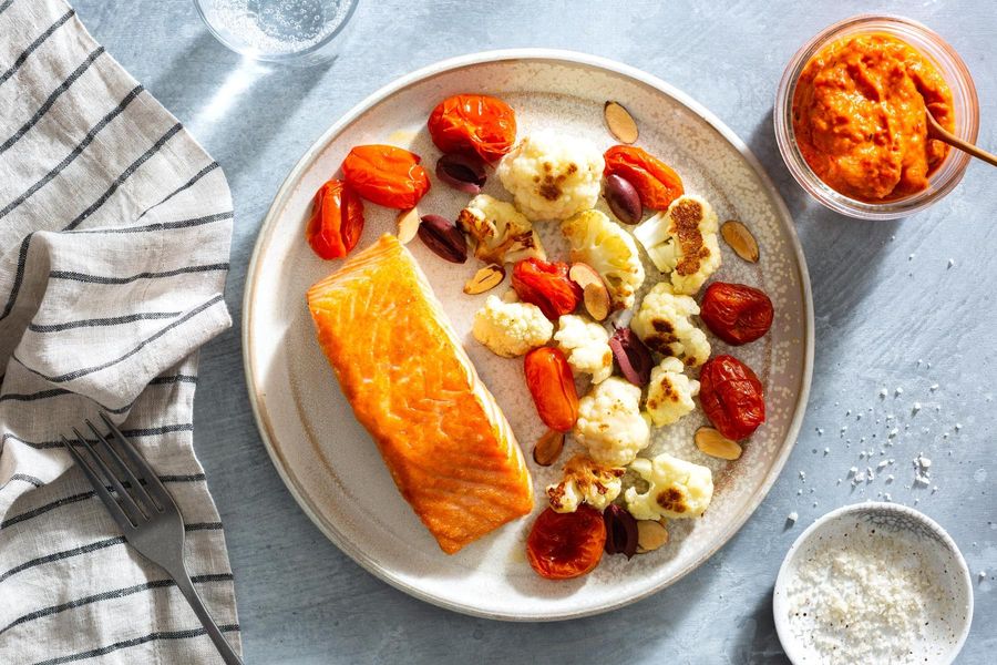 Your choice of protein with roasted red pepper ajvar and cauliflower