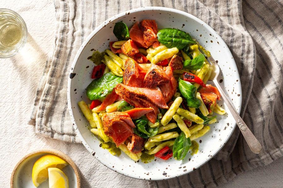 Flaked king salmon and fresh cavatelli with arugula-pistachio pesto