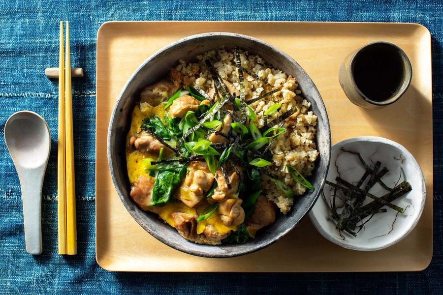 Oyakodon chicken and egg bowls with cauliflower “rice”