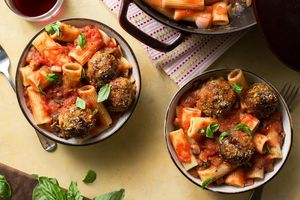 White bean “meatballs” and rigatoni in mushroom marinara