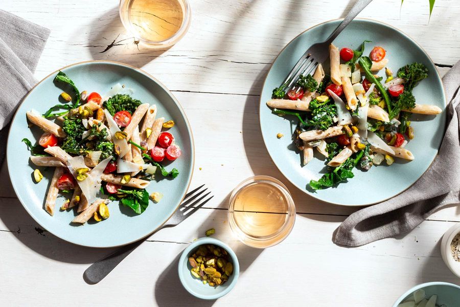 Fresh whole wheat penne with ricotta and broccoli two ways