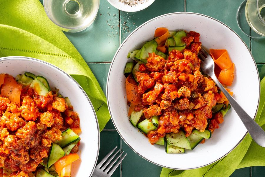 Turkey Bolognese over zucchini and carrot ribbons