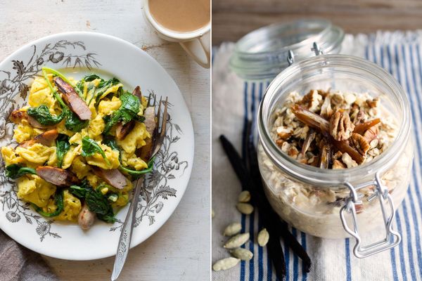 Two Breakfasts: Sausage-kale scramble & Overnight oats with dates, pecans, and cardamom
