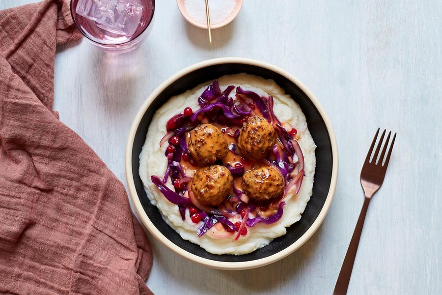 Swedish Meatballs With Mashed Potatoes And Braised Lingonberry Cabbage