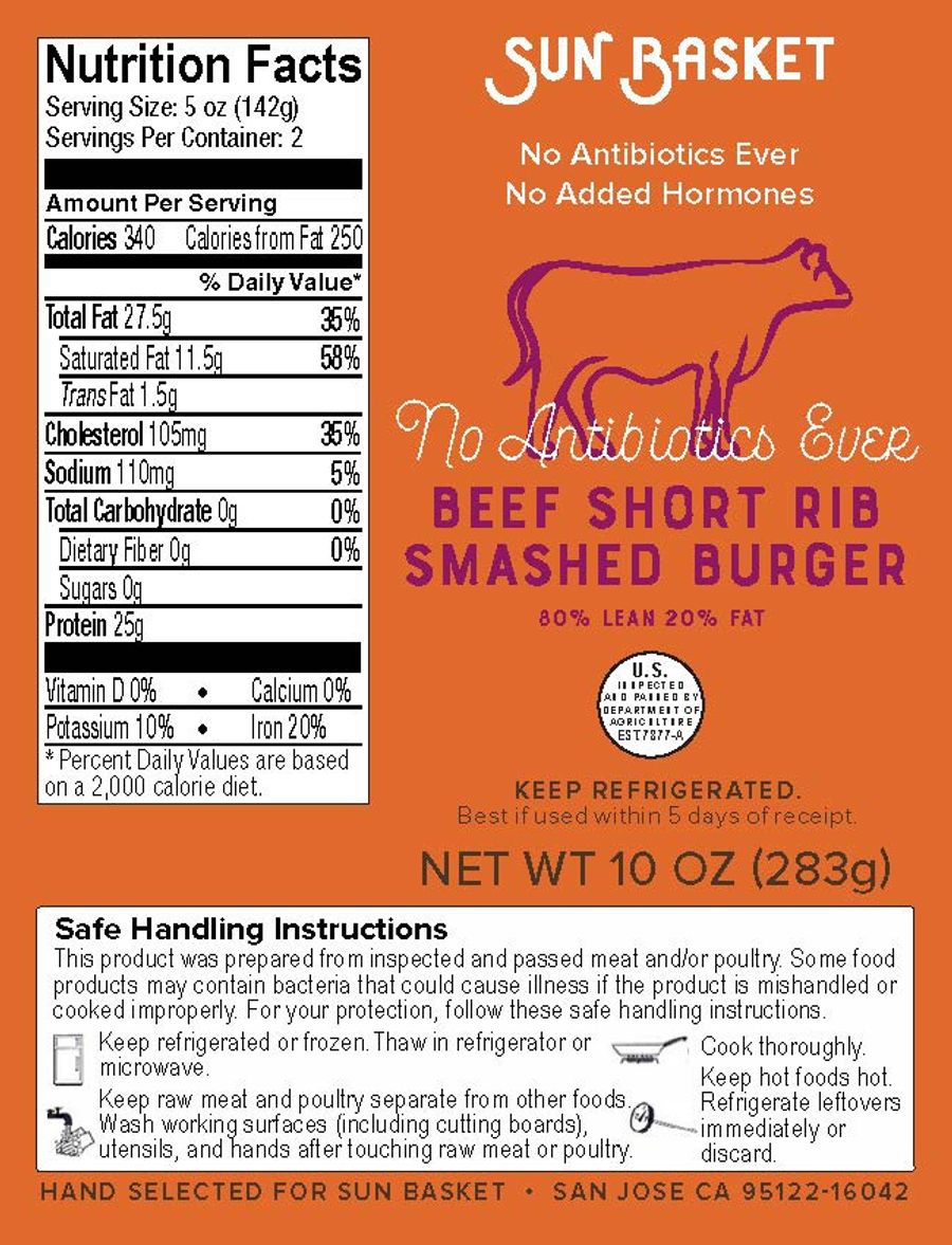 Short Rib-Chuck Smash Burger Patties (4 count) Nutrition