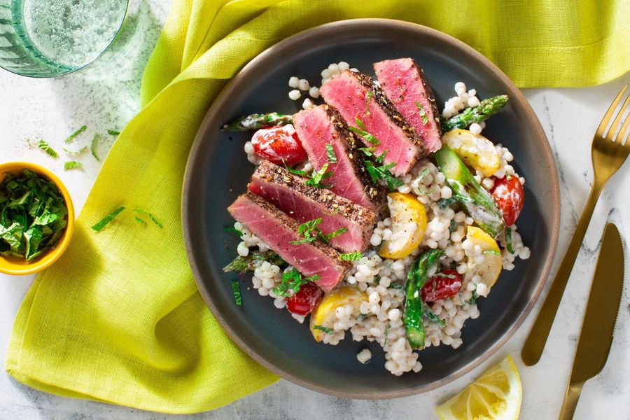 Seared yellowfin tuna and pearl couscous with asparagus and mint