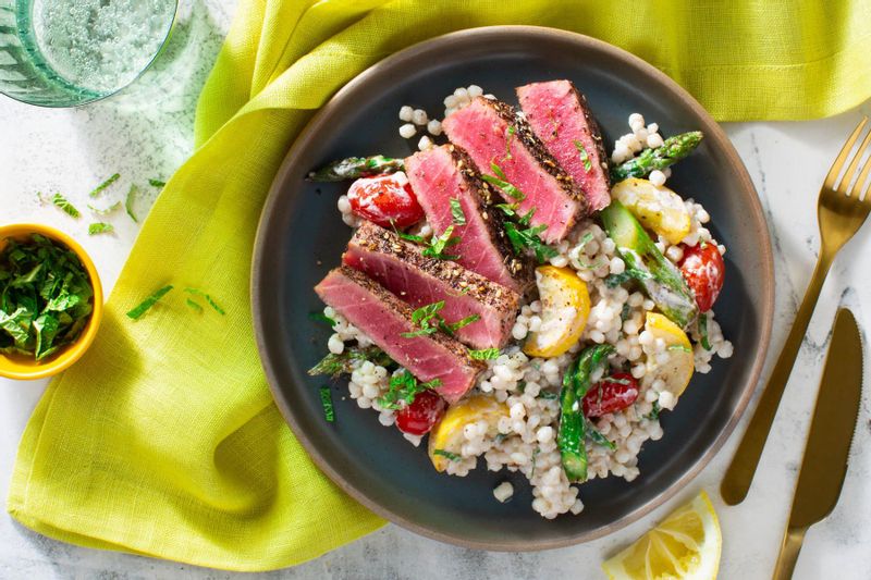Seared Yellowfin Tuna and Pearl Couscous with Asparagus and Mint | Sunbasket