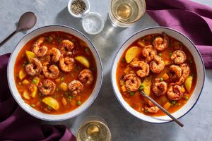 Spanish shrimp soup with potatoes, peas, and smoked paprika