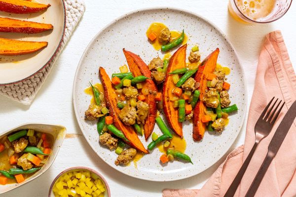 Sweet potato fries with ground beef and green bean gravy