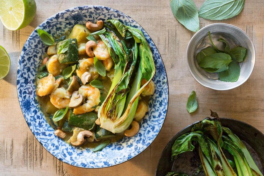 Green curry shrimp with pan-seared bok choy