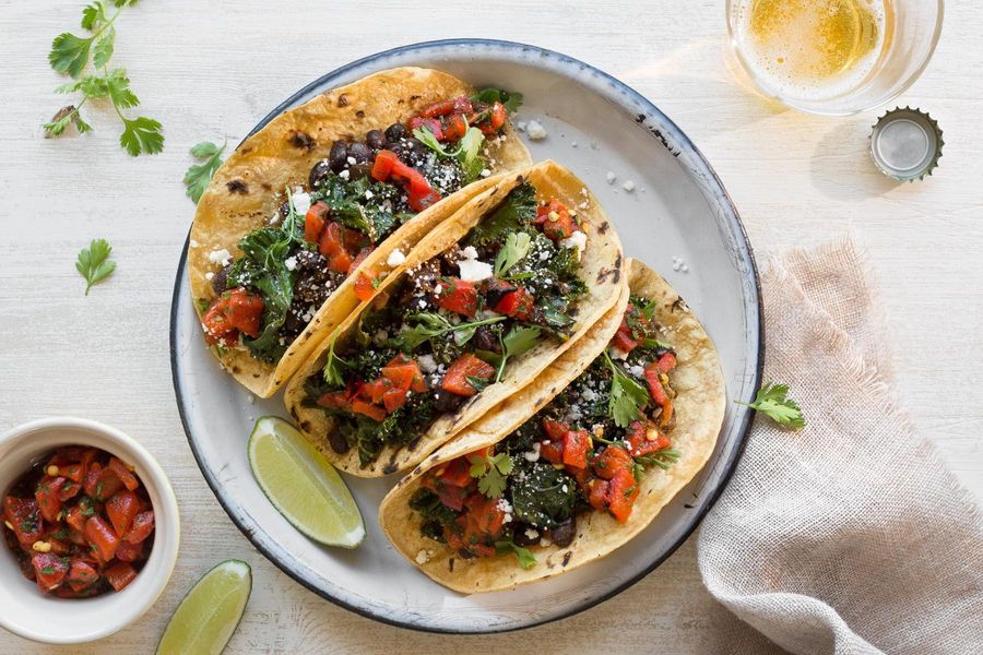 Kale and black bean tacos with roasted-red-pepper salsa