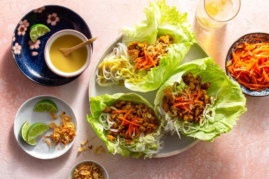 Lemongrass turkey and rice noodle lettuce cups with coconut curry