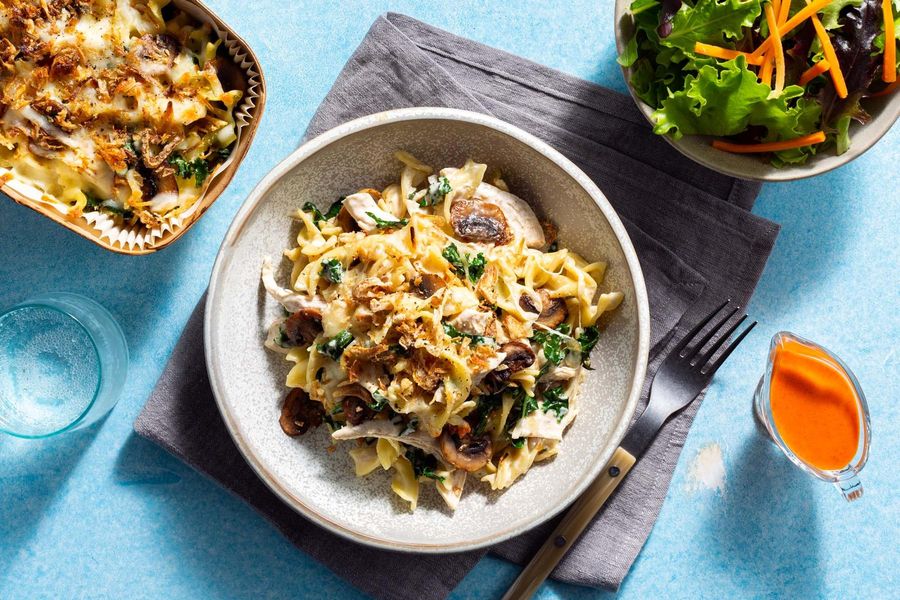 Cheesy chicken Tetrazzini with mushrooms and a green salad