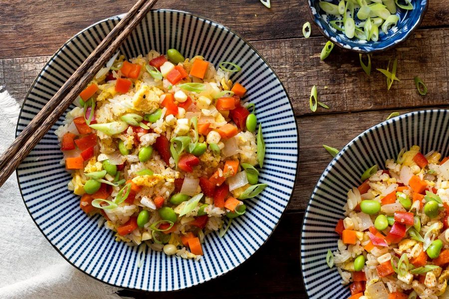 Tokyo fried rice with togarashi, edamame, and corn