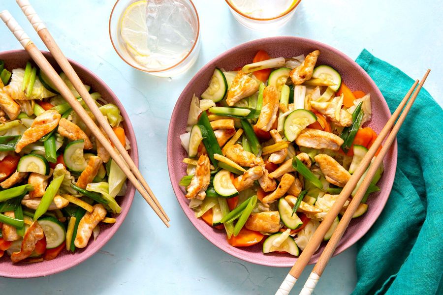 Ginger stir-fry with steamed cabbage, zucchini, and carrot